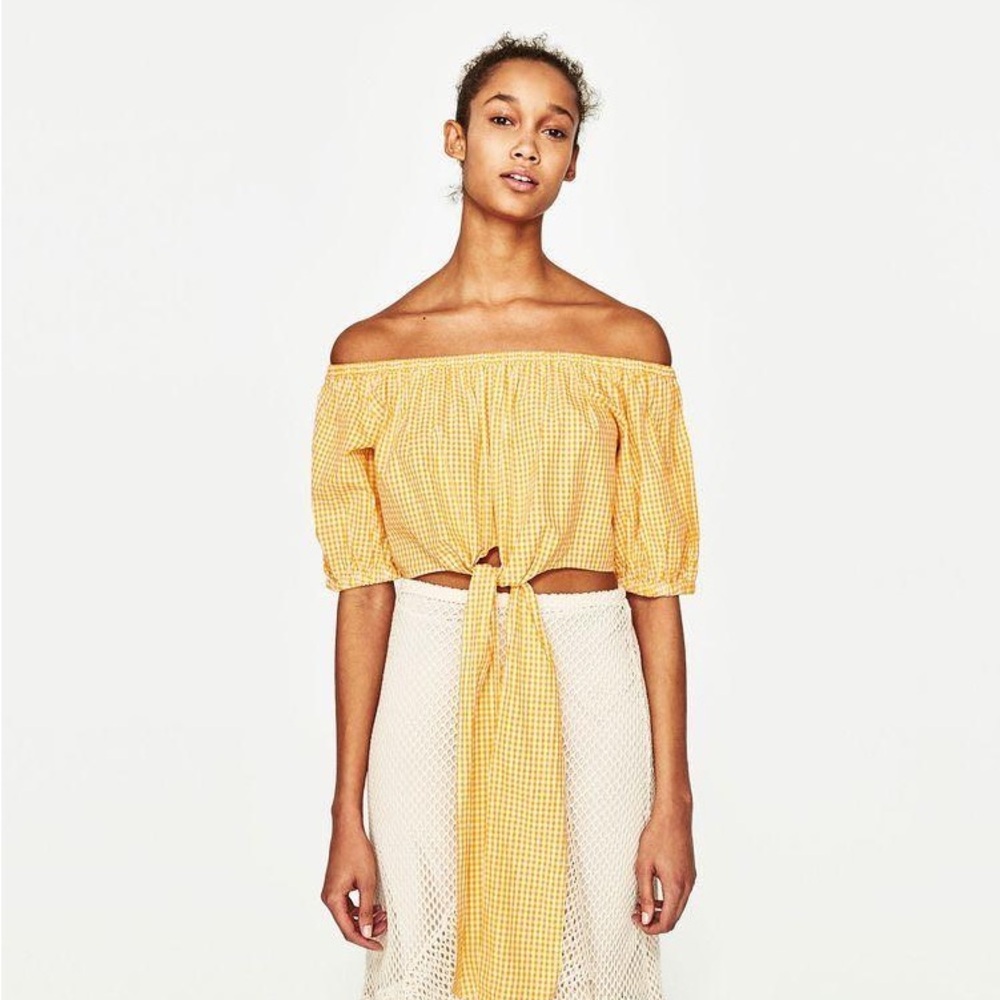 Zara Yellow Gingham Cropped Off The Shoulder Top
